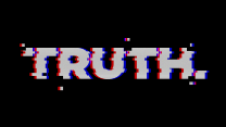 The Truth social app logo, which is written 'TRUTH." The logo is in white, overlayed with thin black lines, and set against a black background. However, the letters have a red outline to the left and a blue outline to the right to appear as a kind of computer glitch.