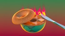 Illustration of an earth as a bagel, on fire, with a knife spreading a pad of butter.