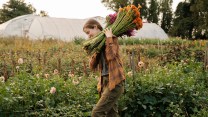 A woman wearing a plaid shirt holds an armful of flowers while walking through a farm.