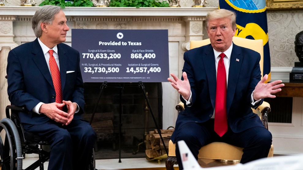 Greg Abbot (L) and Donald Trump (R) sitting next to each other in suits in the Oval Office