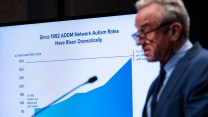 A blurry foreground image of Robert F. Kennedy Jr. on the right as he stands in profile against a slide he is presenting in the background, showing autism rates.