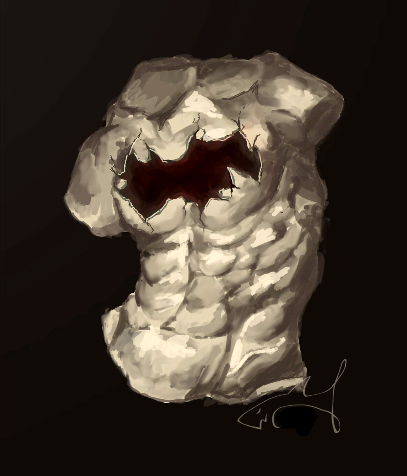Illustration of a torso of a muscular man. There is a large cracked opening in his chest, revealing a dark interior.