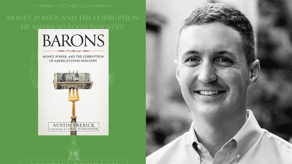 A diptych of a book cover and the author. On the right side is a portrait of the smiling author, wearing a button-up shirt who is Caucasian, a bit younger than middle age, and he has shortly cut hair, particularly on the sides. On the right is the cover of his book, which reads, "BARONS: Money, Power, And the Corruption of America's Food Industry." The type is in black against a faintly beige color. The central illustration of the cover is a roll of 100-dollar bills speared by a three-tine golden fork with an ornate handle. The author's name, Austin Frerick, appears at the bottom of the book, and below that reads, "Foreword by Eric Schlosser."