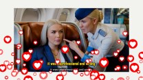 Screenshot from an AI generated video where an angry flight attendant points at a blonde woman wearing a cross; overlaid on the screenshot is a wave of heart reactions indicating approval online.