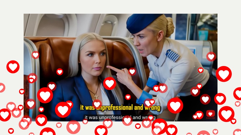 Screenshot from an AI generated video where an angry flight attendant points at a blonde woman wearing a cross; overlaid on the screenshot is a wave of heart reactions indicating approval online.
