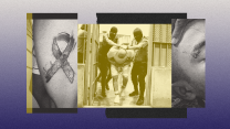 A collage of black-and-white and gold-tinted photos on a purple gradient background. The collage shows close-up images of tattoos bracketing a photo of a handcuffed person in being moved through a prison by two guards wearing black masks over their heads. One tattoo on a leg has the name "Neryelson" beside an autism awareness ribbon. Another tattoo reads "One" just over a person's right eyelid.