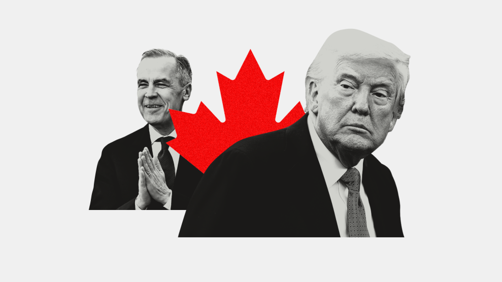 A photo collage featuring images of Donald Trump, Mark Carney, and the red maple leaf from the Canadian flag