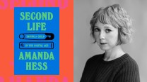 Photo collage featuring the book cover for "Second Life: Having a Child in the Digital Age" on the left and a black and white portrait of the author Amanda Hess on the right.