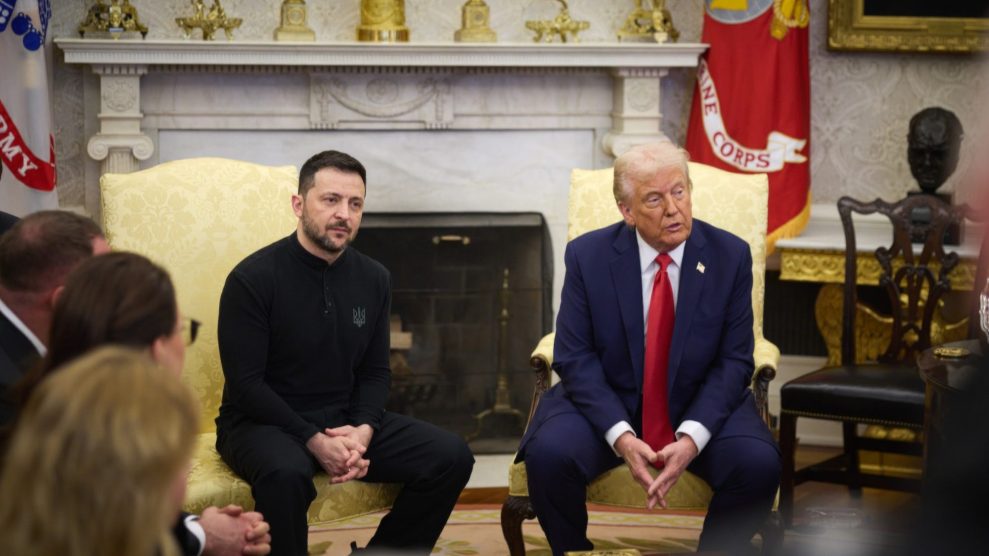 Volodymyr Zelenskyy and Donald Trump sit in a pair of pale yellow high-backed chairs in the Oval Office.