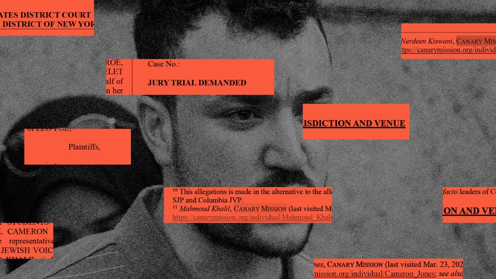 Photo illustration featuring a black-and-white portrait of student activist Mahmoud Khalil; overlaid on his face, covering one eye and his mouth, are excerpts from a lawsuit, colored with a red background.