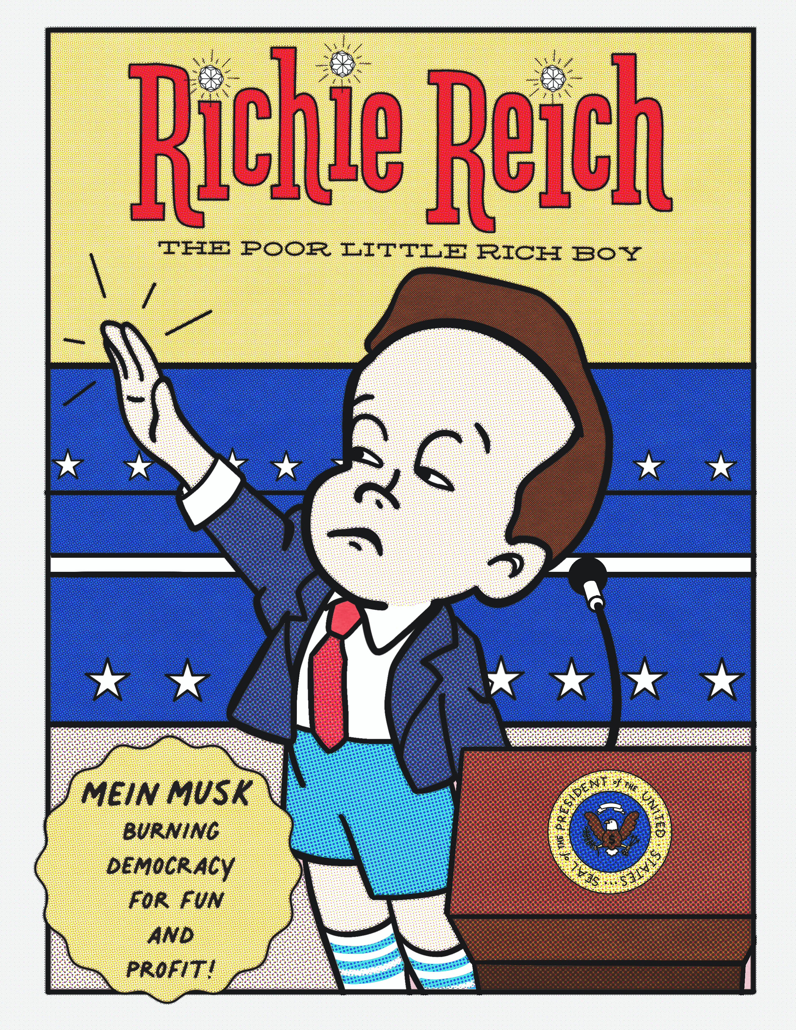 A parody comic, titled "Richie Reich: The Poor Little Rich Boy," features Elon Musk stylized as Richie Rich, giving a Nazi-like salute.