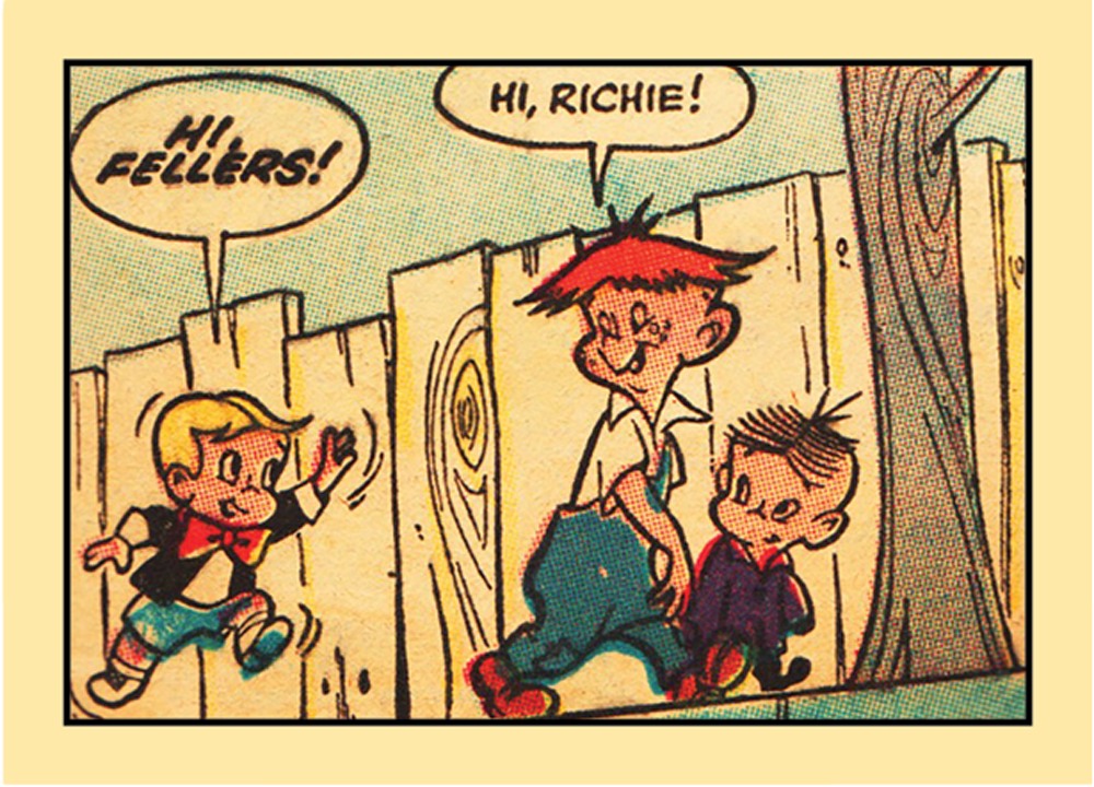 Richie Rich greets two simply dressed boys as he runs up from behind to join them.