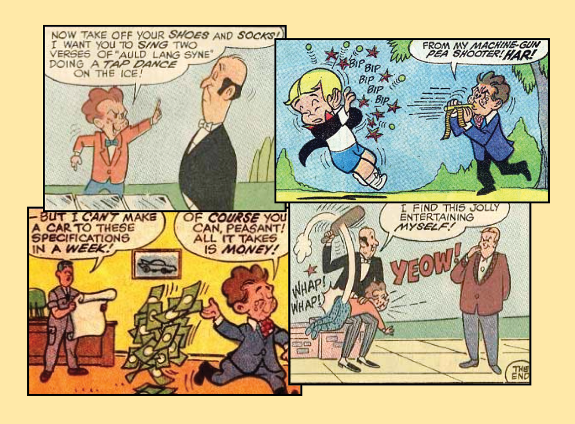 Four comic frames feature a red-headed character. In three frames, he's engaging in rude behavior; in the fourth, he's getting spanked by a butler.