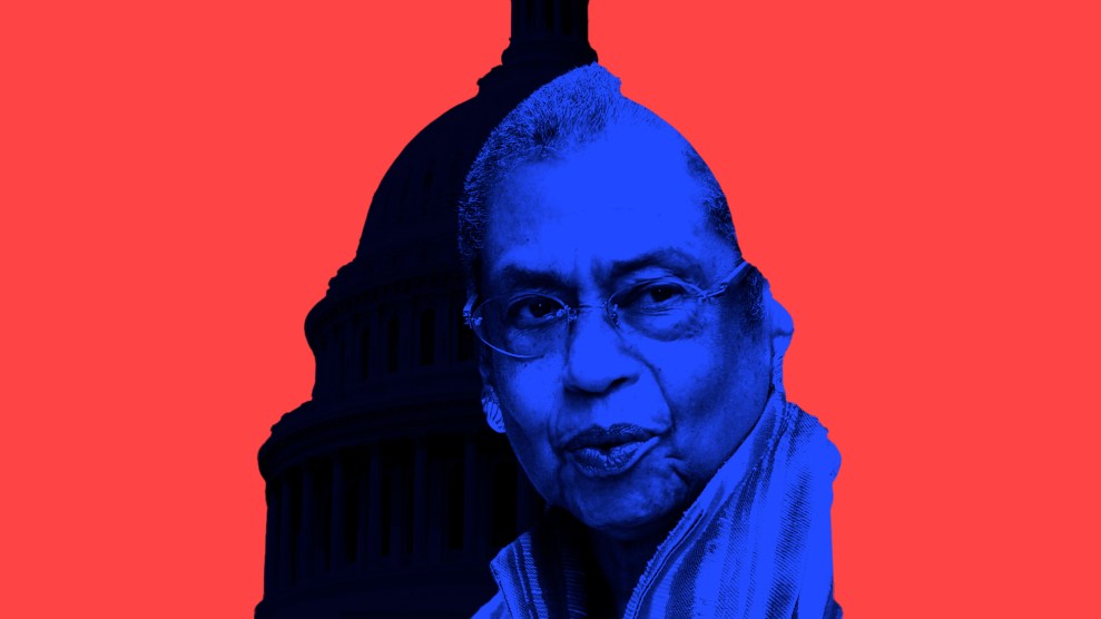 Photo illustration of Representative Eleanor Holmes Norton, a bespectacled older Black woman, peering out from the silhouette of the Capitol building in DC.