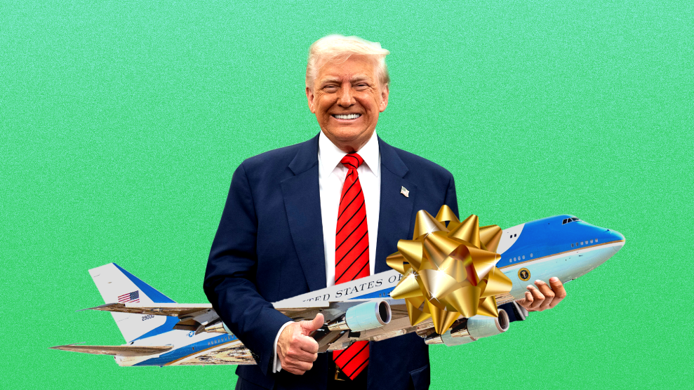 A photo illustration of Donald Trump smiling, giving the thumbs up while holding a new Air Force One with a sparkly gold bow.