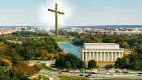 Photo illustration of the National Mall in Washington, D.C. from above, where the Washington monument obelisk has been replaced with an enormous glowing cross.