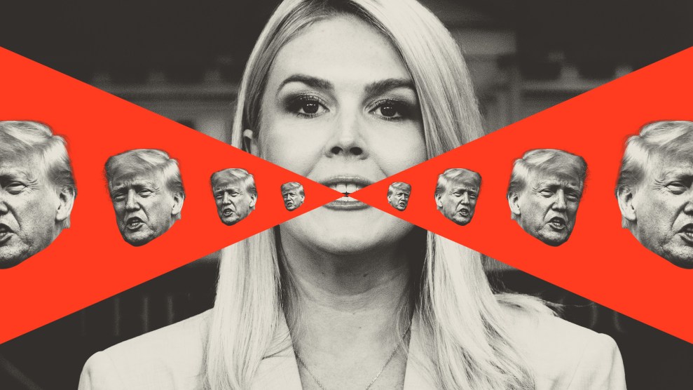 Photo illustration of press secretary Karoline Leavitt speaking to reporters; two red triangles shoot out from her mouth in opposite directions. Floating in the triangles are Trump's shouting head, repeating and growing in size as they move from her mouth to the edge of the frame.