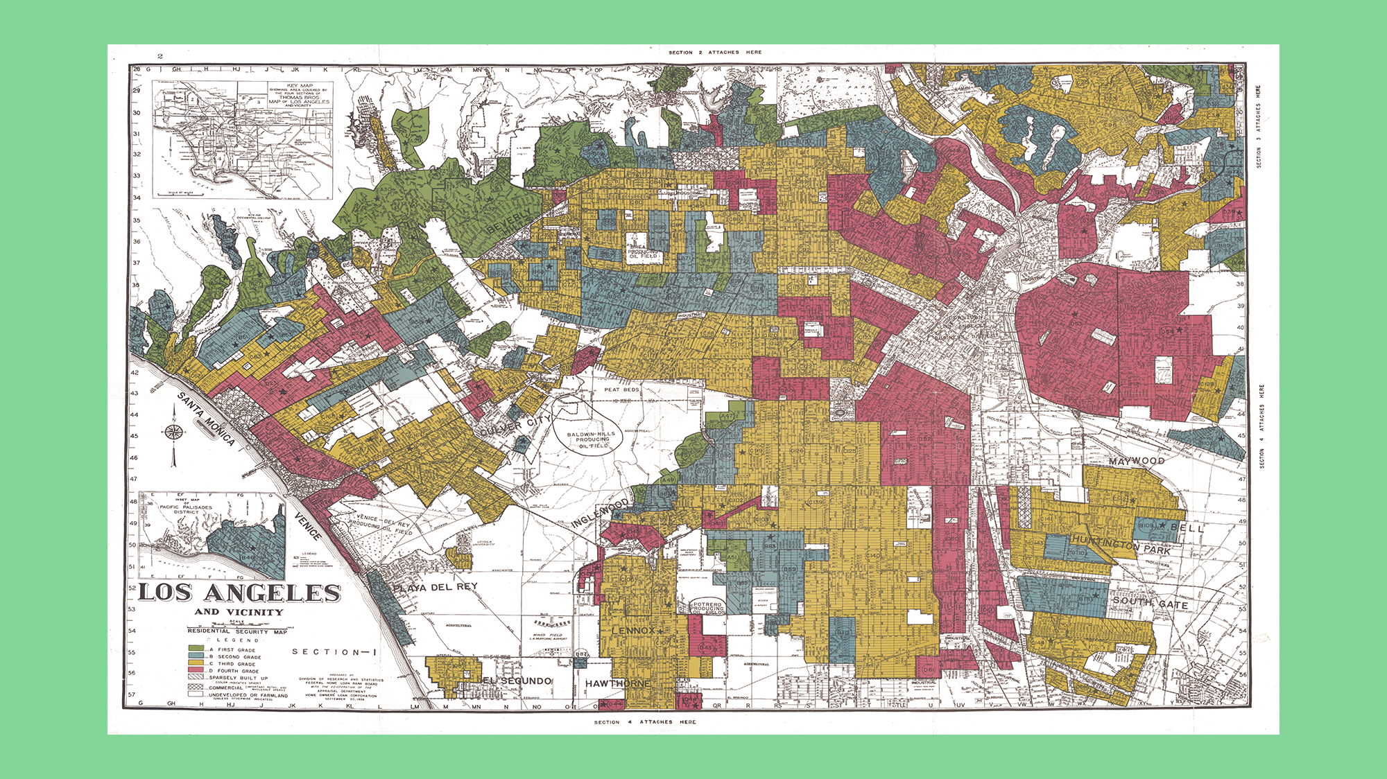 An old-timey map of Los Angeles with parts of the city labelled red, yellow, blue, and green.