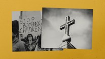 A black-and-white photo of a cross on the roof of a church overlapping with a black-and-white photo of a pro-Palestine demonstrator holding a sign that says, "Stop bombing children."