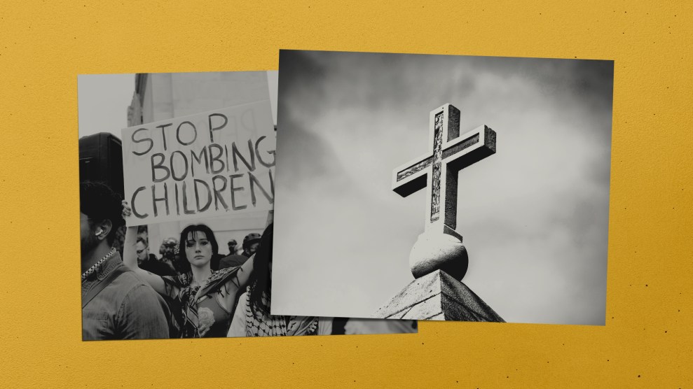 A black-and-white photo of a cross on the roof of a church overlapping with a black-and-white photo of a pro-Palestine demonstrator holding a sign that says, "Stop bombing children."