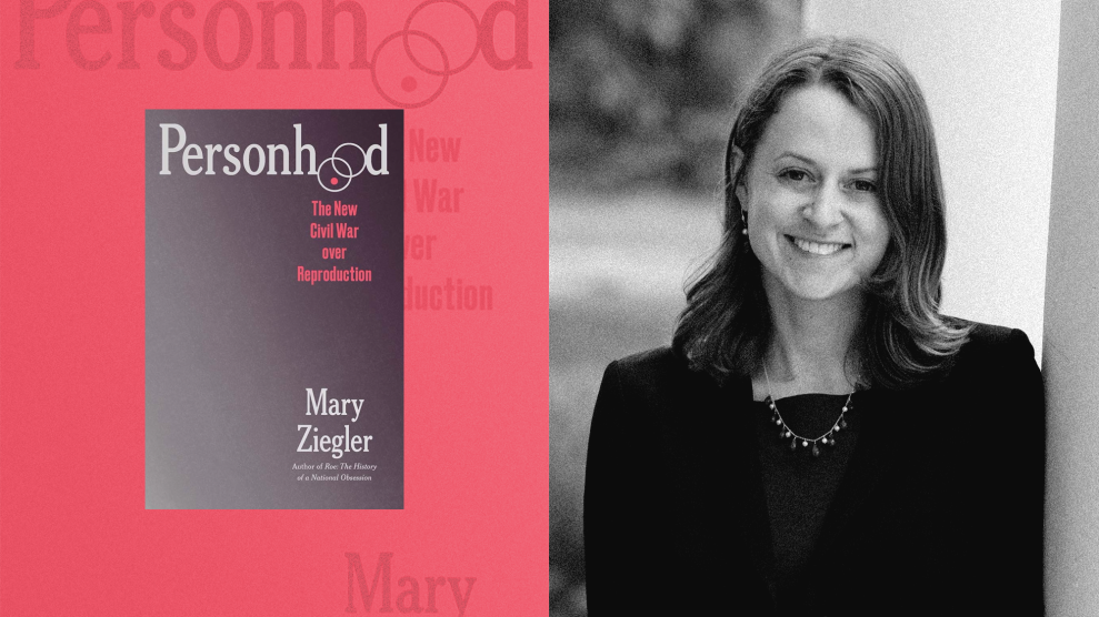 A diptych of two photos: the book "Personhood: The New Civil War over Reproduction: on the left, and the author on the right. The book is colored in a deep red gradient. The author, who appears to be nearing middle age, is smiling and has shoulder length hair.
