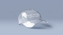 A photorealistic illustration of a glass MAGA baseball cap.