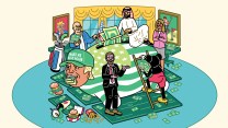 Illustration of Donald Trump as a money bank, with Bezos, a Saudi investor, and Mickey Mouse stuffing so much money inside of him he is overflowing and has collapsed on the Oval Office carpet.