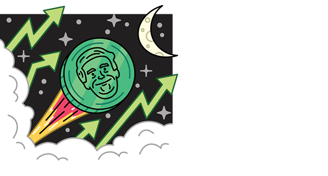 Illustration of Trump crypto coin shooting off into the space towards the moon.