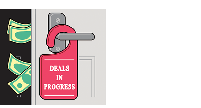 Illustration of a hotel door sign that reads "DEALS IN PROGRESS"