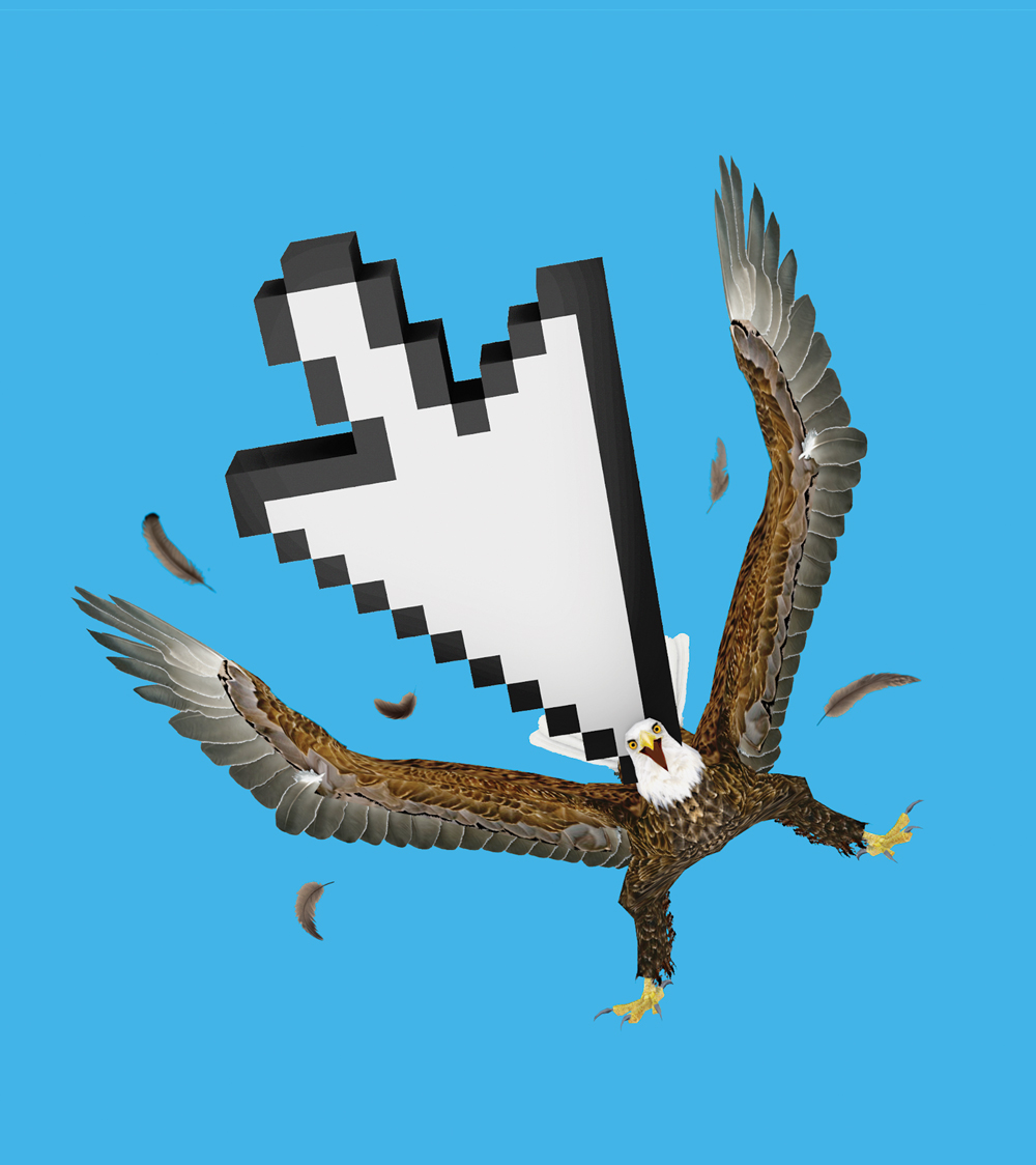 An illustration of a computer cursor arrow stabbing a bald eagle in the back