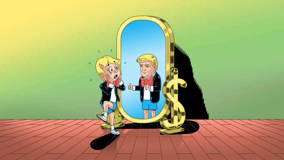 A colorful drawing in which a character meant to be Richie Rich stares in a golden framed full-length mirror aghast at what's reflecting back at him. The likeness staring back at Richie Rich is Donald Trump. Richie Rich has blond hair parted down the middle. He's wearng a black jacket and oversized red bowtie. He's also wearing blue shorts and white sneakers. RIchie's body is contorted, left leg hanging in mid air, as both of his hands clutch his face in utter shock. Donald Trump's character is dressed exactly like Richie, but has the famous Donald Trump swoop of hair. He's also giving Richie thumbs up with both hands.