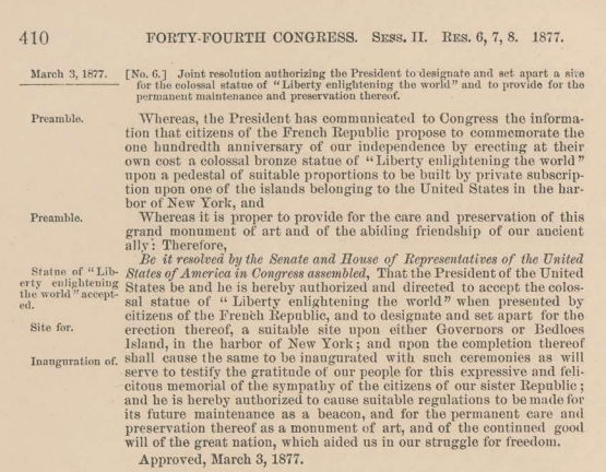 Image of enacted congressional resolution approving the Statue of Liberty