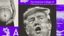 Photo collage featuring a black woman holding her pregnant belly, an ultrasound, Donald Trump yelling, and snippets of the ACOG logo