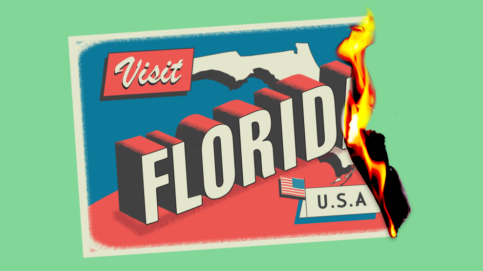 A photo illustration of a postcard that reads "Visit Florida U.S.A" that's burning on the right end.