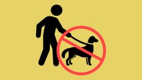 Icon of person walking a dog, with a red 'do not' symbol over the pet.
