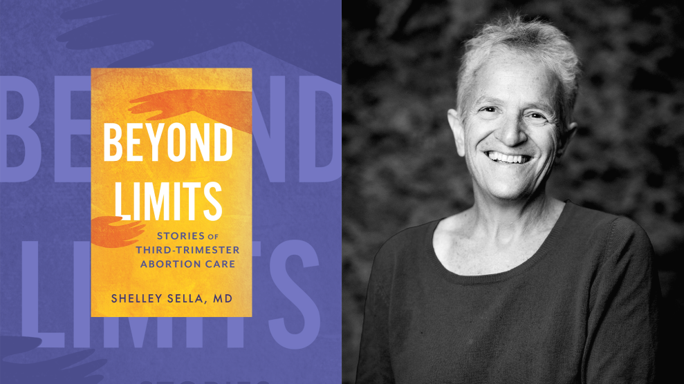A diptych with the orange-colored cover of the book "Beyond Limits" on the left and the author's portrait in black and white on the right. The author, seen smiling and wearing a light sweater, is a woman with short-cropped gray hair.