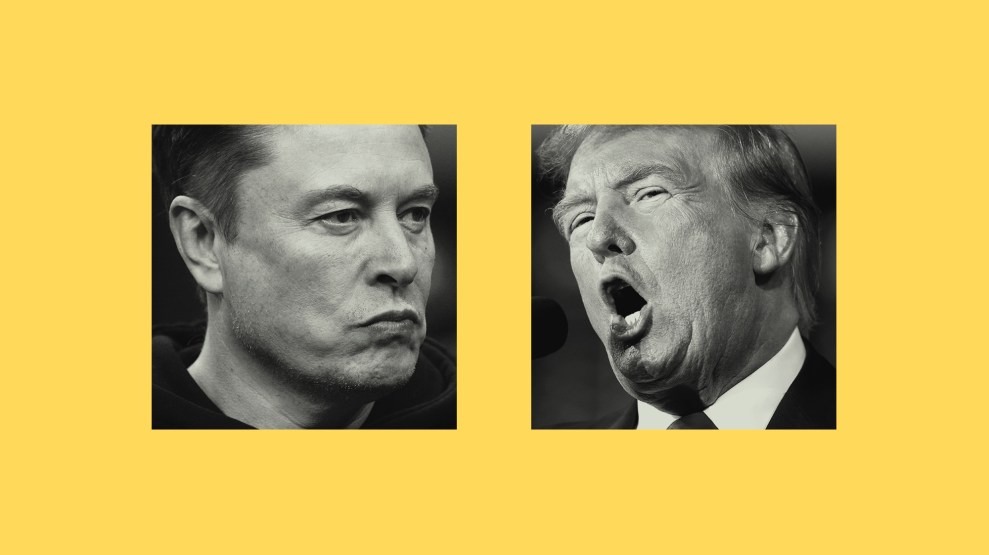 A composite image on a solid yellow background featuring two side-by-side, black-and-white portraits. On the left is a close-up of Elon Musk with a serious, pouty expression. On the right is a close-up of Donald Trump speaking into a microphone with his mouth open.