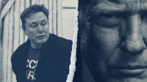 A photo illustration of Elon Musk and Donald Trump. On the left, Musk, pictured in the Oval Office, looks to our right. On the right is a tightly cropped photo of the stern face of Donald Trump.