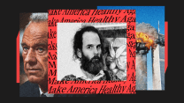 A photo collage that centers a middle-aged, bearded Leland Lehrman in black and white. On the left, behind Lehrman is a color photo of Robert Kennedy Jr. On the right is a color photo of the burning towers of the World Trade Center on Sept. 11. Lehrman's image is set against a red background with rows of type that read "Make America Healthy Again" in a wavy warp.