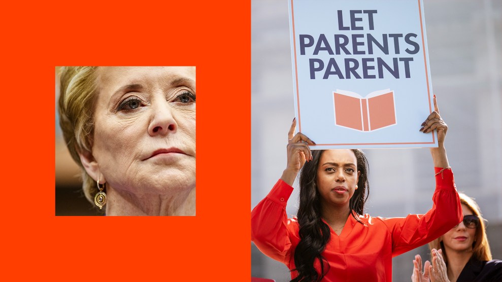 On the left, a close-up of Linda McMahon, a older woman with short blond hair and a worried expression. On the right, a woman with long dark hair and a long-sleeve red shirt holds a sign that reads, "Let parents parent," with an icon of an open book beneath it.
