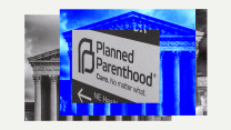 A collage featuring the facade of the United States Supreme Court building overlaid by signage for a Planned Parenthood.