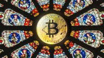 Cathedral rose window depicting religious scenes, with a large golden bitcoin in the center.