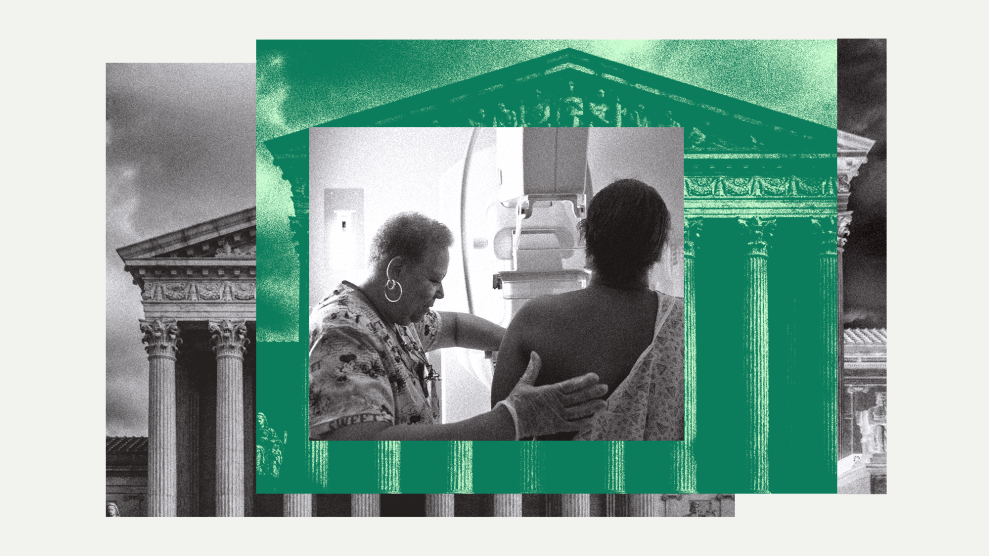 A collage in green, white and black of the facade of the United States Supreme Court building overlayed by an image of a woman assisting another woman who is getting a mammogram.