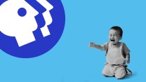 A photo illustration of the PBS logo next to a crying baby. The PBS logo, a white outline of a person's head with smaller profiles emanating from it, is on a blue circle in the upper left. To its right, a baby with Asian features cries, eyes squeezed shut, mouth open wide, with an arm reaching for the logo.