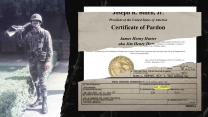 A collage shows James Harter as a young combat veteran posing in uniform on the left side. The right side of the collage shows documents that indicate a presidential pardon and that Harter was once discharged for "bad conduct."