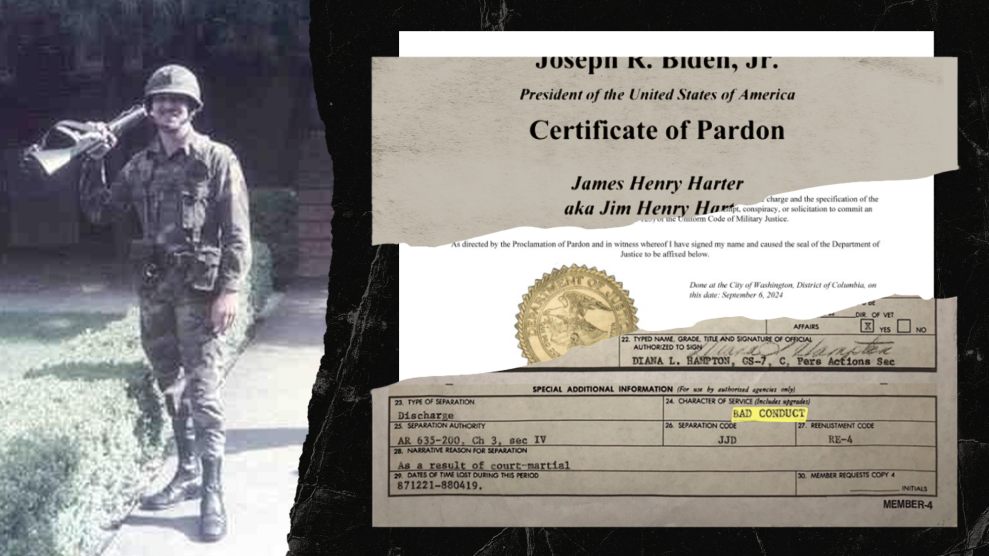 A collage shows James Harter as a young combat veteran posing in uniform on the left side. The right side of the collage shows documents that indicate a presidential pardon and that Harter was once discharged for "bad conduct."