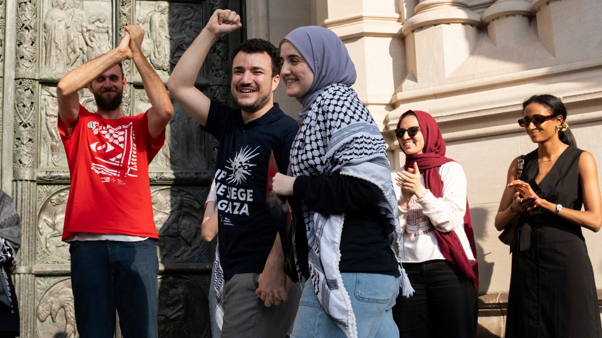 Mahmoud Khalil and his wife, Noor Abdalla, greeted supporters at a rally on Sunday.