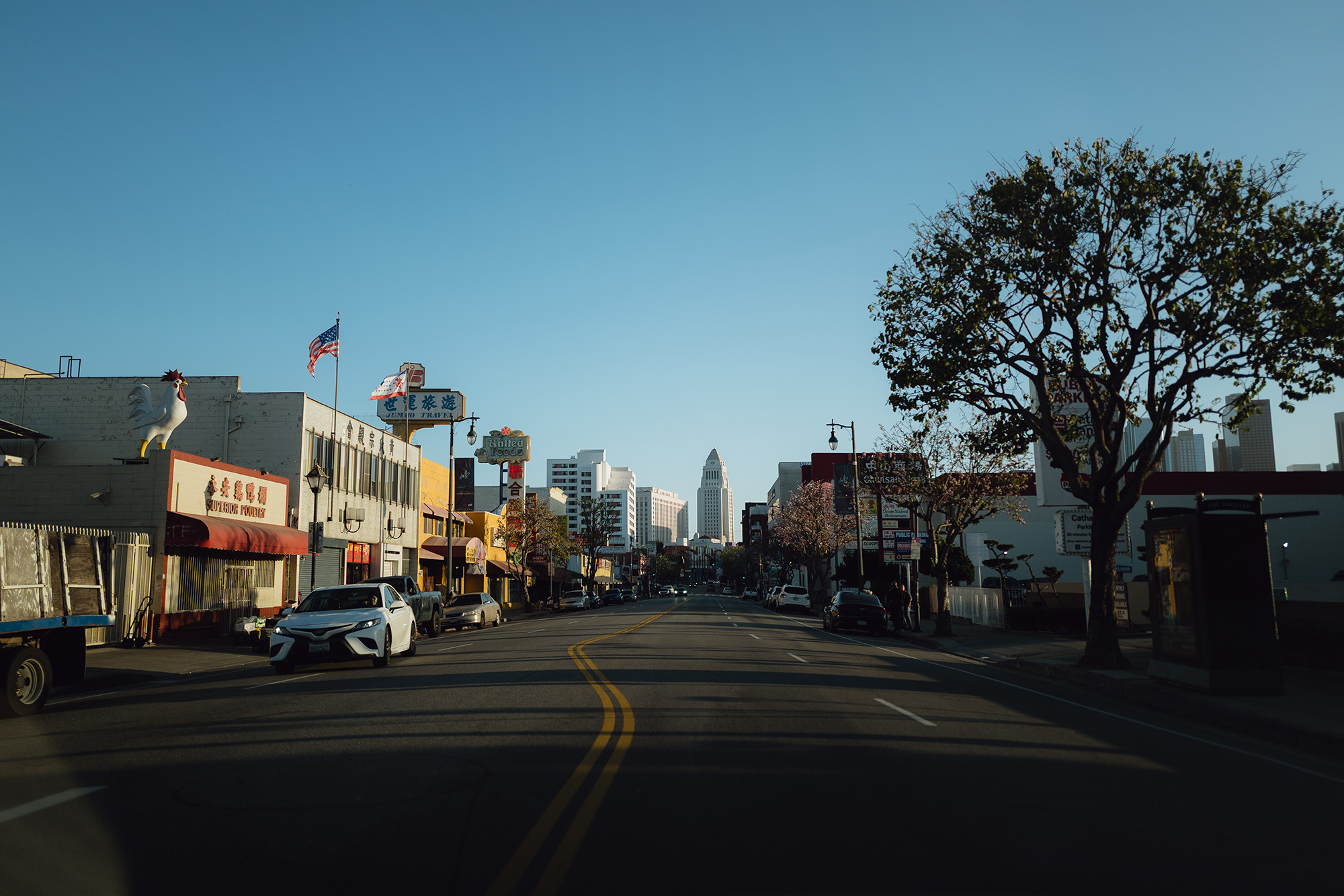 View of downtown Los Angeles seen down a street in Chinatown.