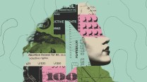 Collage of a Latina woman; layered in her silhouette is a $100 dollar bill, mail, mifepristone pills, maps, and a credit card.