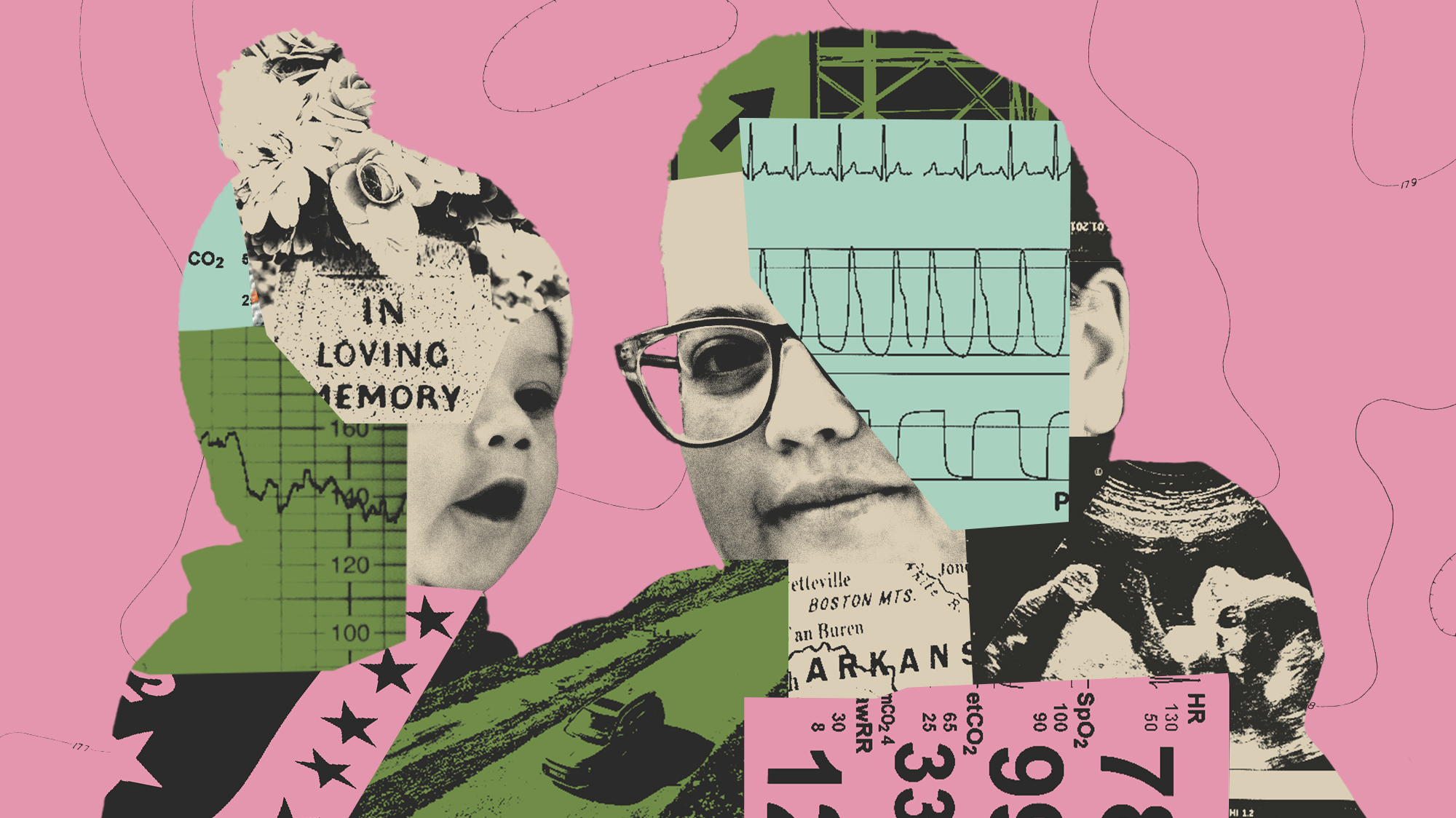 Collage of woman, holding a baby; layered in their silhouettes are a heart monitor reading, a headstone, an ultrasound, a map, the Arkansas flag, and a car driving.